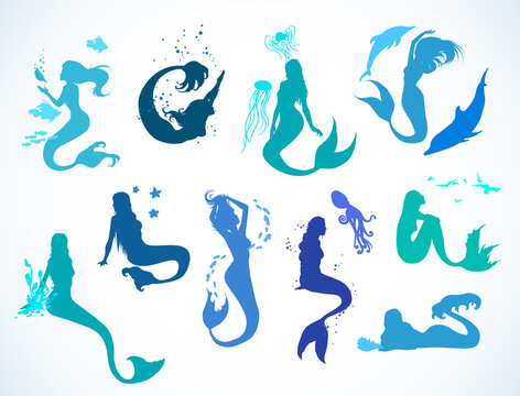 Sealife set, doodle sketched mermaid collection. Hand drawn realistic sketches of floating, lying, singing, playing, happy mermaids. Vector illustration. Silhouettes, isolated on white background.