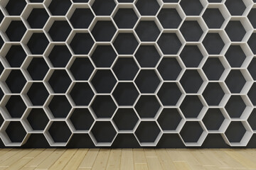 Empty room with wooden floors and wall with hexagon shelves on the wall, 3D rendering