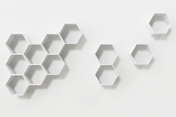Empty white wall with hexagon shelves on the wall, 3D rendering
