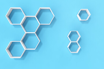 Empty blue wall with hexagon shelves on the wall, 3D rendering