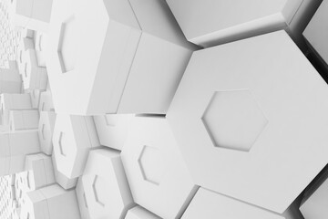 White empty geometric hexagonal honeycomb abstract background, 3D rendering