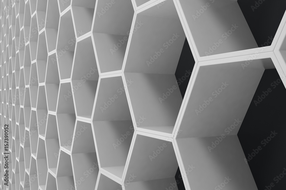 Poster white geometric hexagonal abstract background with black wall, 3d rendering