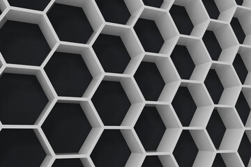 White geometric hexagonal abstract background with black wall, 3D rendering