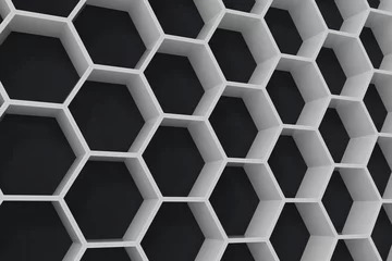 Tapeten White geometric hexagonal abstract background with black wall, 3D rendering © rost9