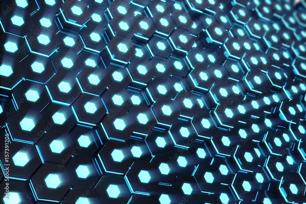 Poster abstract blue of futuristic surface hexagon pattern with light rays, 3d rendering