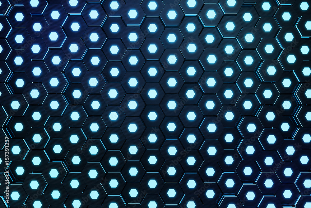 Poster abstract blue of futuristic surface hexagon pattern with light rays, 3d rendering