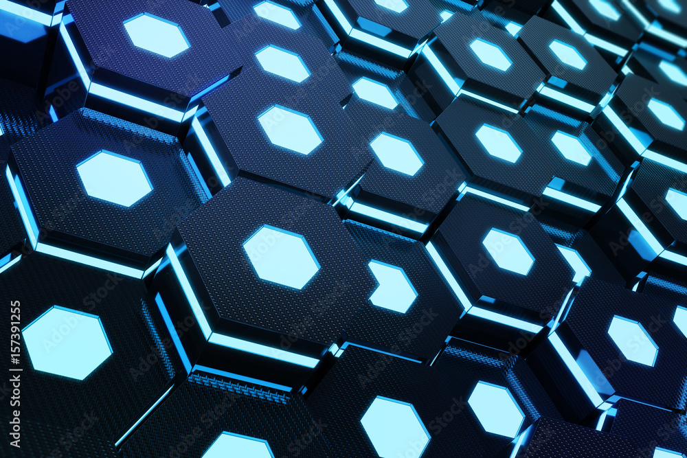 Poster abstract blue of futuristic surface hexagon pattern with light rays, 3d rendering