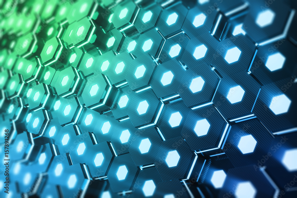 Poster abstract blue of futuristic surface hexagon pattern with light rays, 3d rendering