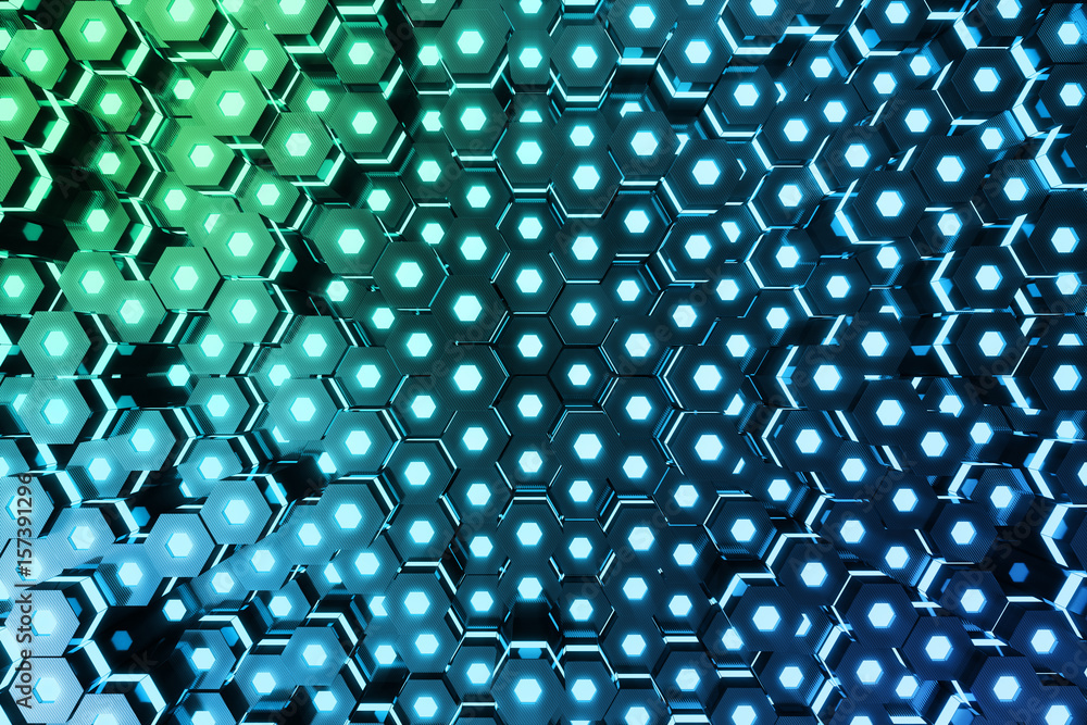 Poster abstract blue of futuristic surface hexagon pattern with light rays, 3d rendering