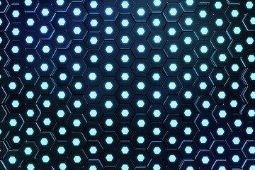 Fototapeta na wymiar Abstract blue of futuristic surface hexagon pattern with light rays, 3D Rendering
