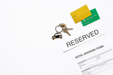 booking form for hotel room reservation white background top view space for text
