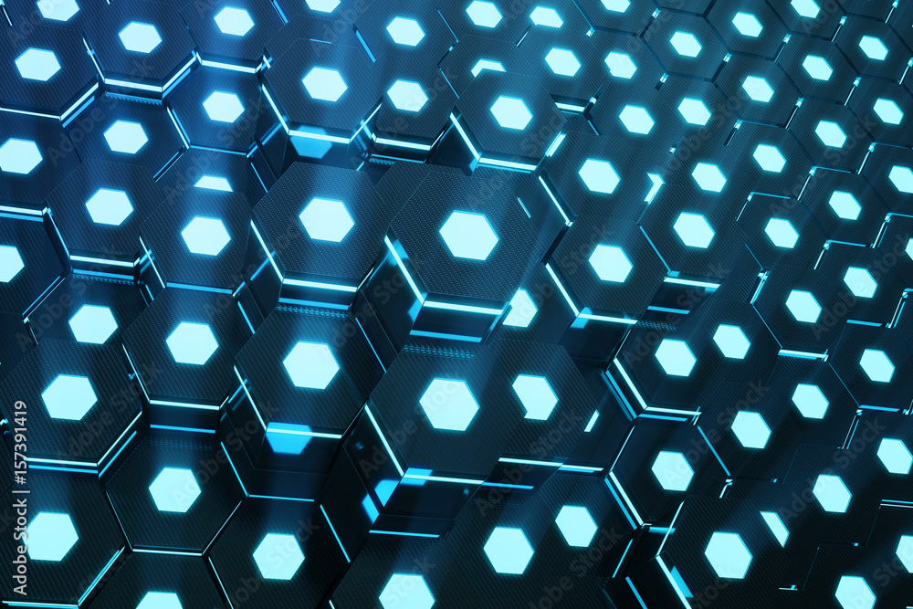 Aufkleber blue abstract hexagonal glowing background, futuristic concept, 3d rendering