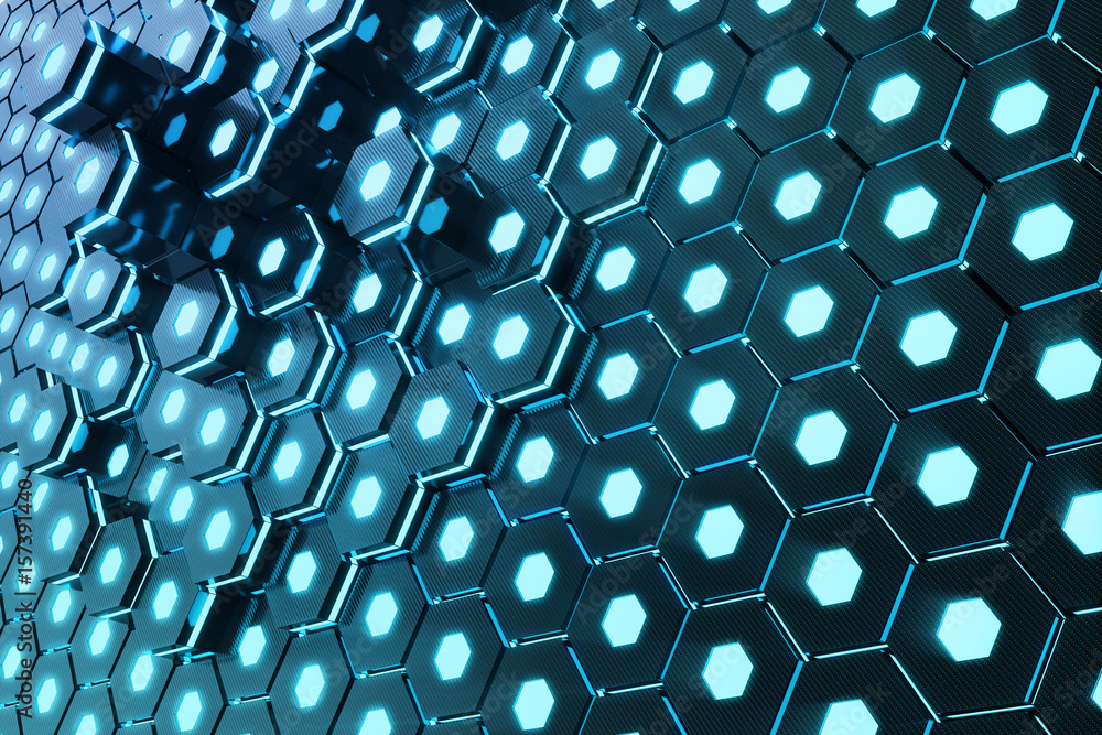 Poster blue abstract hexagonal glowing background, futuristic concept, 3d rendering
