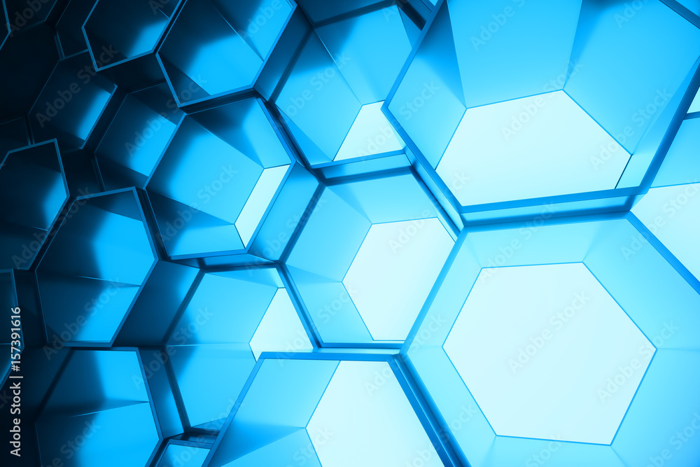 Poster abstract blue of futuristic surface hexagon pattern, hexagonal honeycomb with light rays, 3d renderi