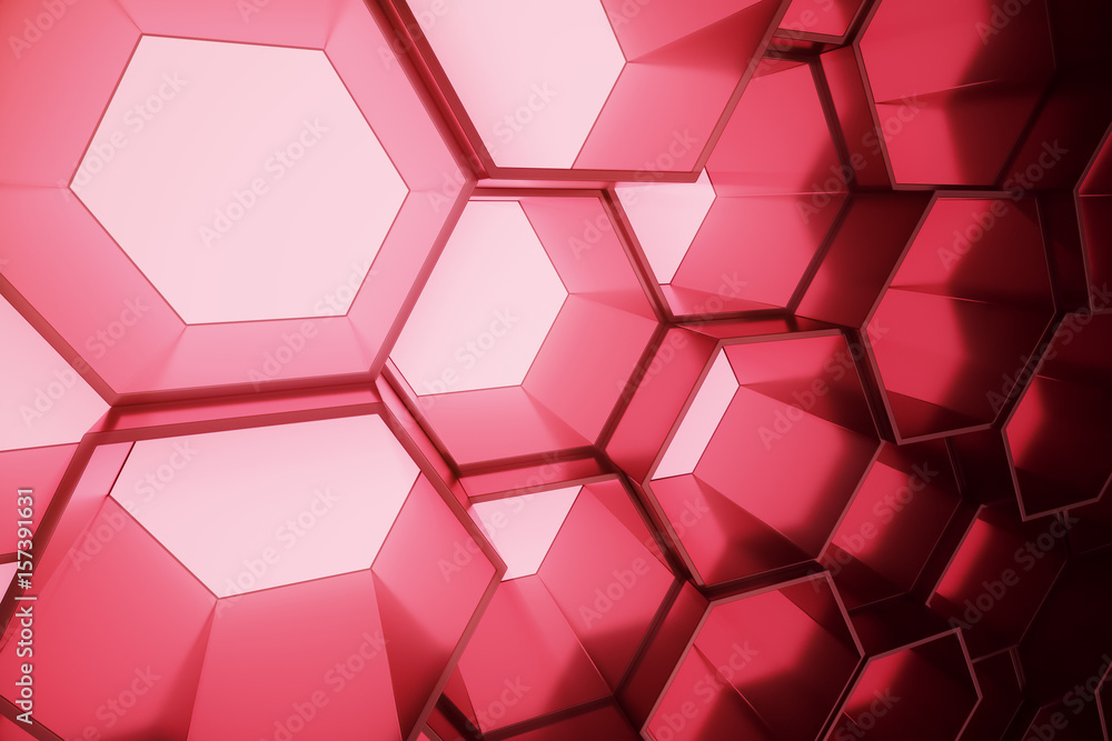 Poster abstract red of futuristic surface hexagon pattern, hexagonal honeycomb with light rays, 3d renderin