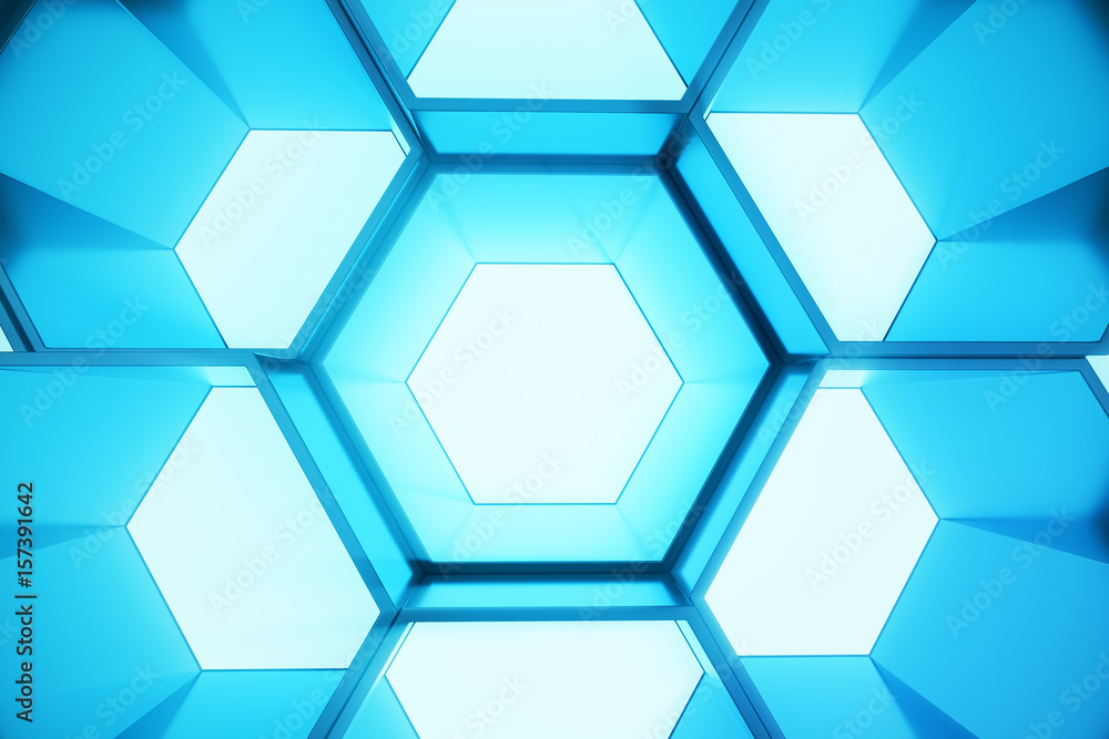 Poster abstract blue of futuristic surface hexagon pattern, hexagonal honeycomb with light rays, 3d renderi