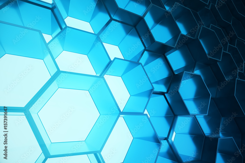 Poster abstract blue of futuristic surface hexagon pattern, hexagonal honeycomb with light rays, 3d renderi
