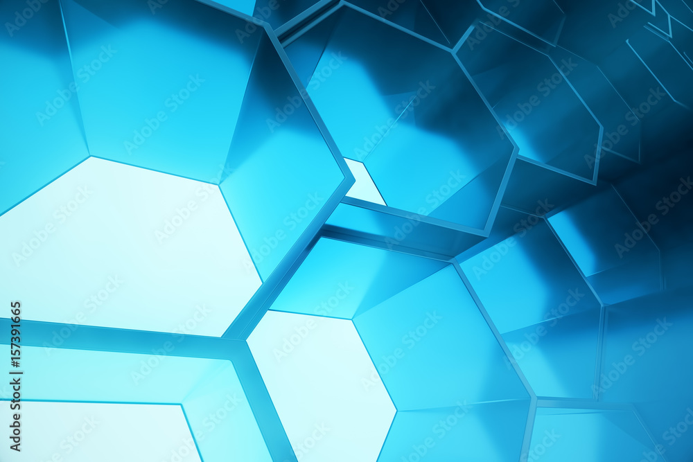 Poster abstract blue of futuristic surface hexagon pattern, hexagonal honeycomb with light rays, 3d renderi