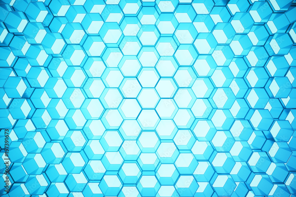 Poster abstract blue of futuristic surface hexagon pattern, hexagonal honeycomb with light rays, 3d renderi