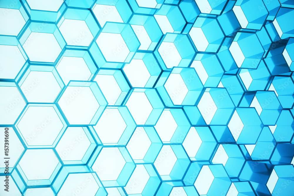 Poster abstract blue of futuristic surface hexagon pattern, hexagonal honeycomb with light rays, 3d renderi