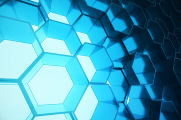 Abstract blue of futuristic surface hexagon pattern, hexagonal honeycomb with light rays, 3D Rendering