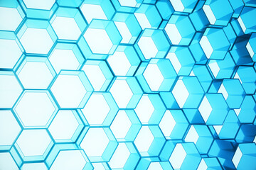 Abstract blue of futuristic surface hexagon pattern, hexagonal honeycomb with light rays, 3D Rendering
