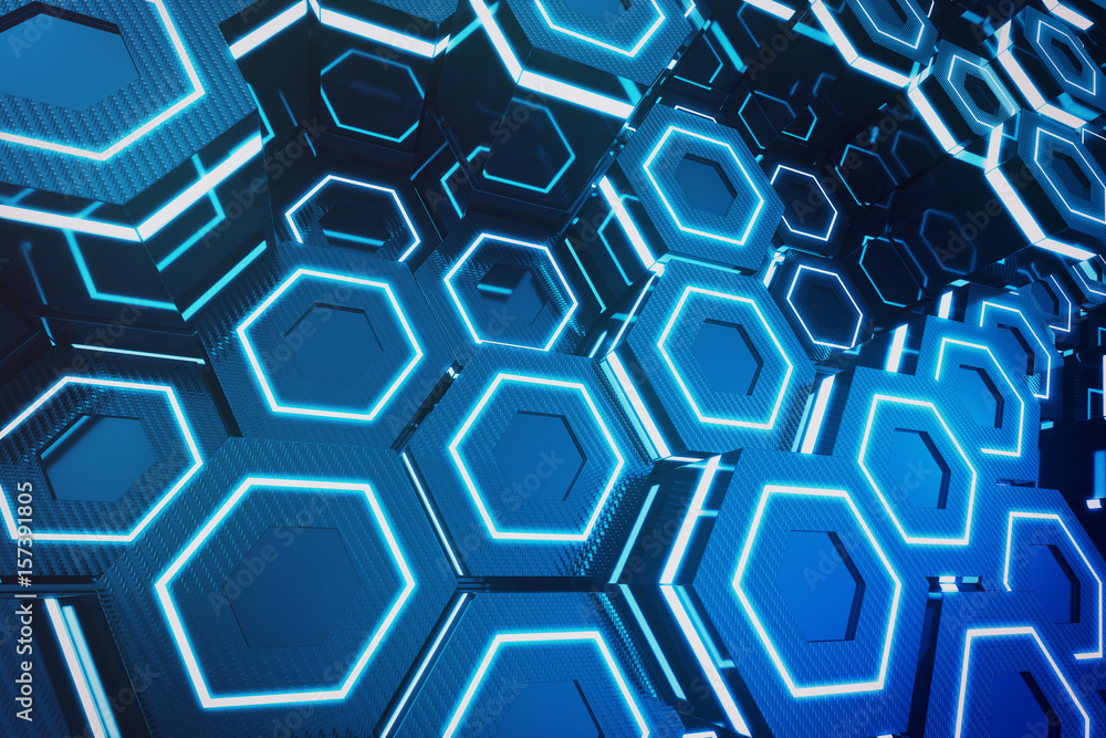 Poster abstract blue of futuristic surface hexagon pattern, hexagonal honeycomb with light rays, 3d renderi