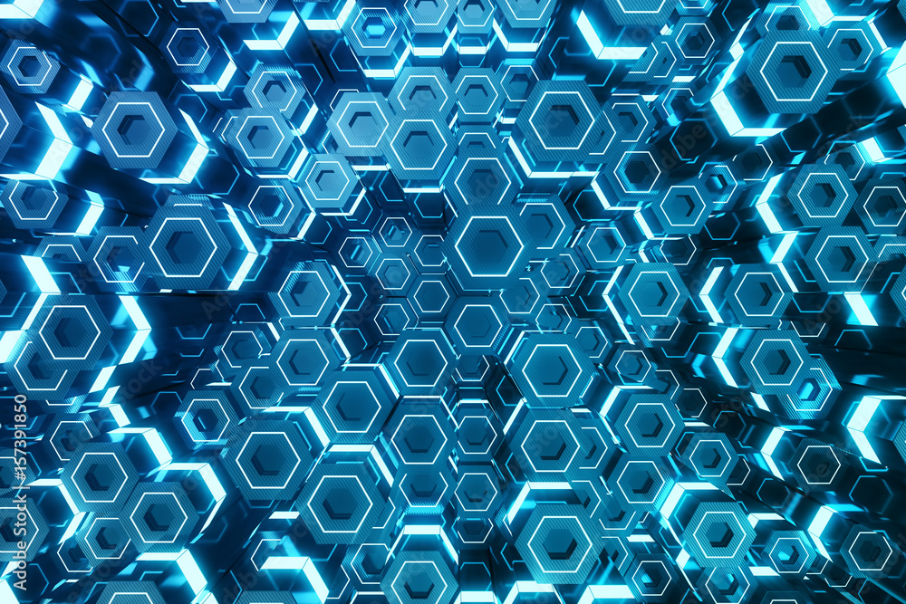 Poster abstract blue of futuristic surface hexagon pattern, hexagonal honeycomb with light rays, 3d renderi