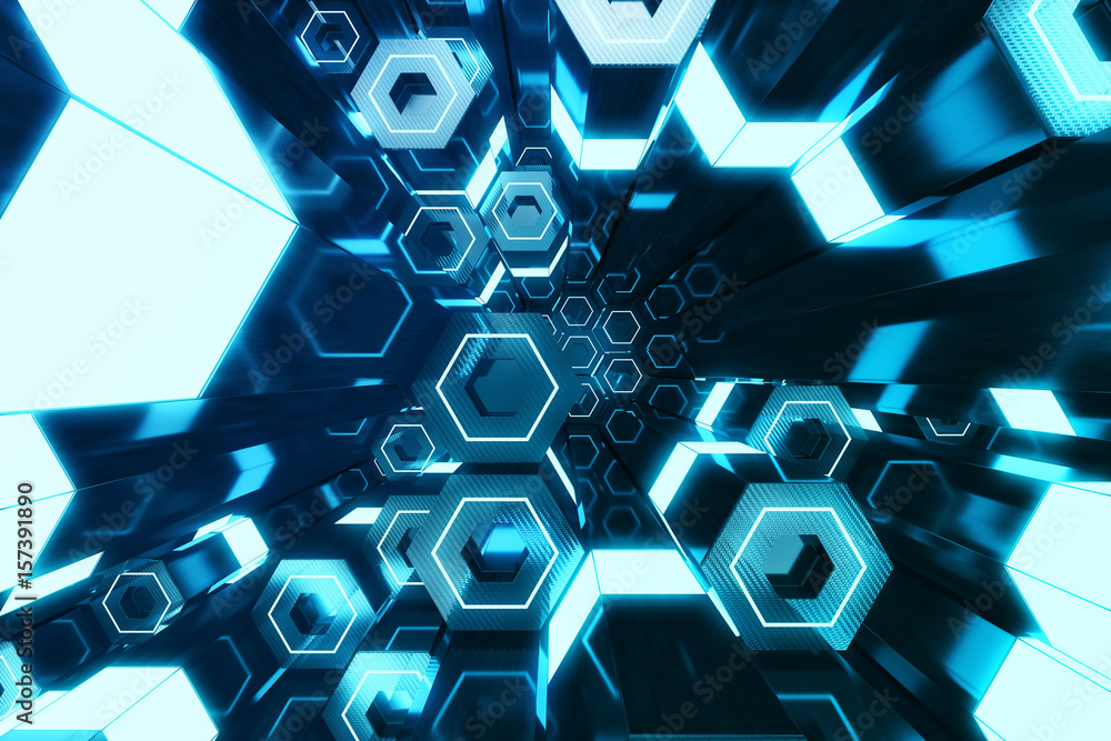Poster abstract blue of futuristic surface hexagon pattern, hexagonal honeycomb with light rays, 3d renderi