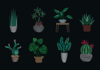 Satin stitch embroidery design templates collection. Trendy houseplants on black background.