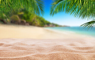 Tropical beach with sand, summer holiday background.