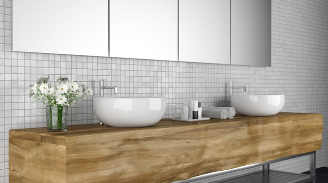 Modernes Badezimmer mit Handwaschbecken und Handt&uuml;chern