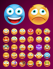 Set of Cute Emoticons on Black Background . Isolated Vector Illustration 
