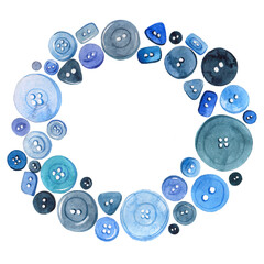 watercolor illustration. wreath of blue buttons