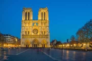 Fototapeta na wymiar Notre Dame Cathedral with Paris cityscape at dusk