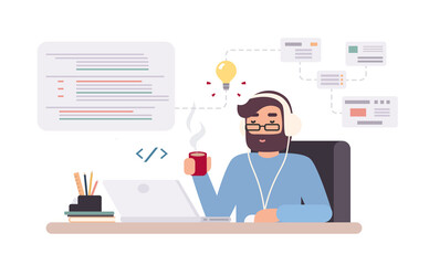 Web-developer works on laptop. Horizontal banner with young programmer on job. Colorful vector illustration in flat style. - obrazy, fototapety, plakaty