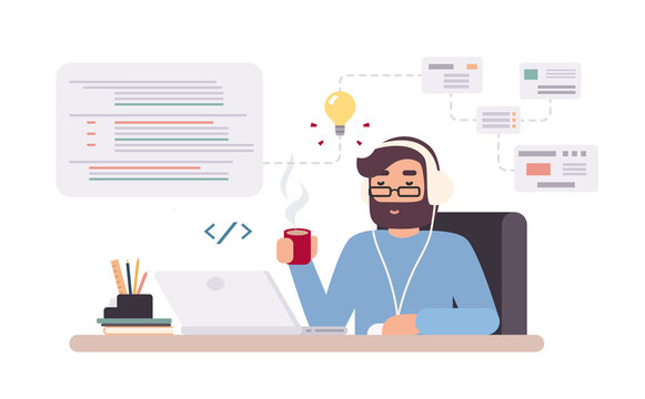 Web-developer works on laptop. Horizontal banner with young programmer on job. Colorful vector illustration in flat style.