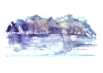 Watercolor landscape silhouetted by trees on the river bank with reflection in the river, lake. Dark blue, purple. Abstract splash of paint.