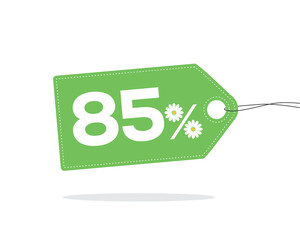 Green price tag label with 85% text designed with a daisy flower icon on it and with shadow isolated on white background. For summer sale campaigns.