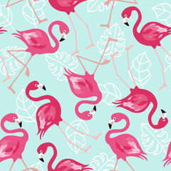 Flamingo seamless pattern on mint green background. Pink flamingo vector background design for fabric and decor. Vector trendy illustration.