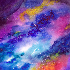 Fototapeta premium Space background. Watercolor art background with space, stars, milky-way. University art background. Multicolor abstract background. Wallart painting for home decor. Interior wallart.