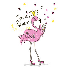 Funny pink flamingo with phone. Vector doodle graphic. Illustration for fashion design.