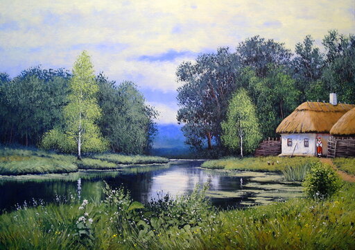 Ukrainian landscape, river, oil paintings, art, paint