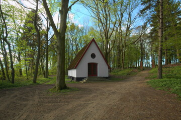 Plakat Chapel in front of Waldfriedhof (forest cemetery) in Dambeck near Greifswald, Germany