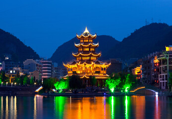 Zhenyuan Ancient Town at sunset in Guizhou Province, China