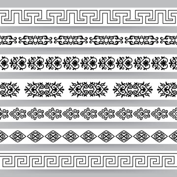 Borders with ornamental elements in asian style. Set 1. Black on white. For divider or frame.