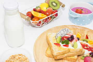Toast and fruit total milk yogurt isolated on white background