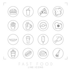 Set of line fast food icons in line circles. Flat style. Coffee, hamburger, pizza, sandwich, fried potato, tea, donut, egg, grilled sausage, beer, ice cream, chicken, hot dog, tacos, sushi roll
