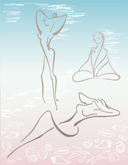 Vector sketch of female figures in line on the background of beach and sea with hand-drawn shells painted by hand