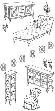 Vector outline furniture for the living room manually set classic for the interior decoration banner 120_240 